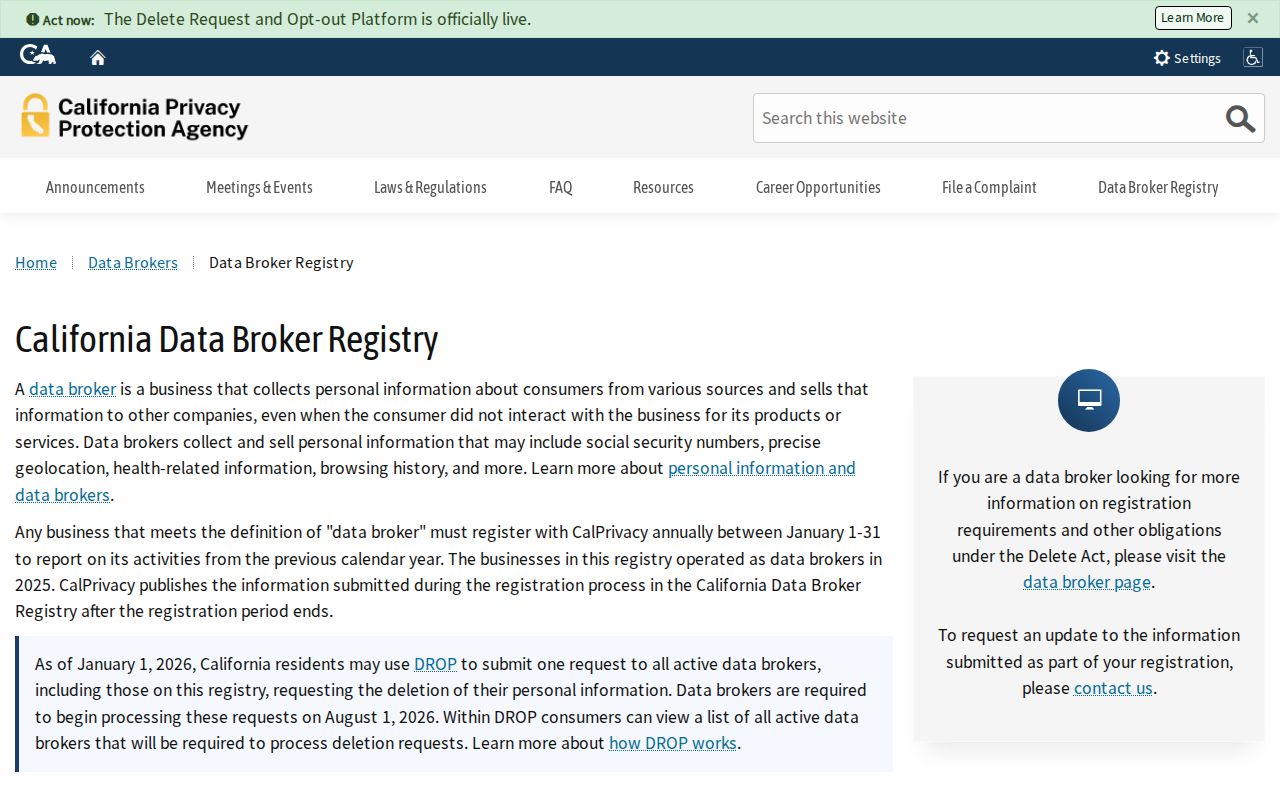 California residents directory privacy research on the 2026 data-broker registry filters