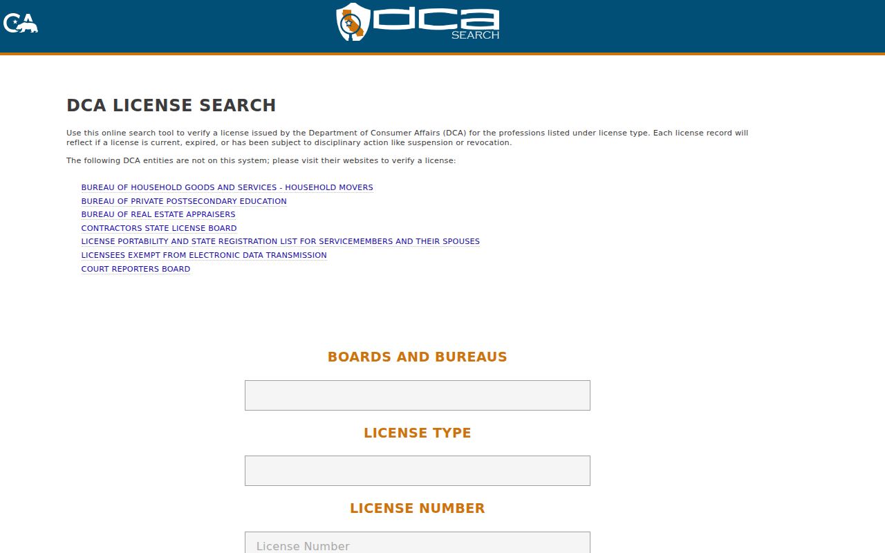 California resident lookup example of Department of Consumer Affairs license search fields