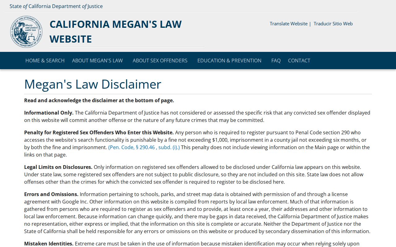 California resident lookup privacy example of the Megan's Law disclaimer and continue screen