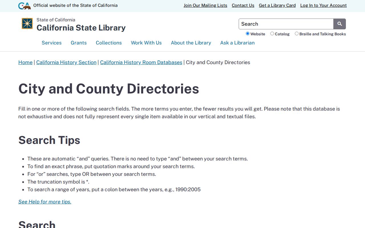 California city directory catalog search at the State Library