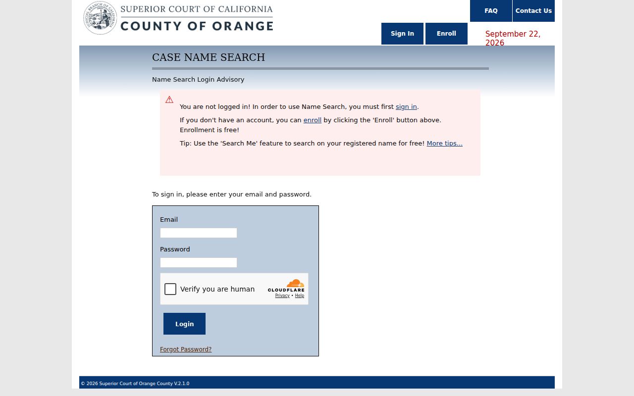California resident lookup example of the Orange County court name-search login