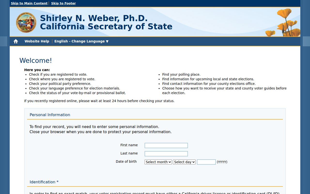 California resident lookup privacy example of the voter status authentication screen