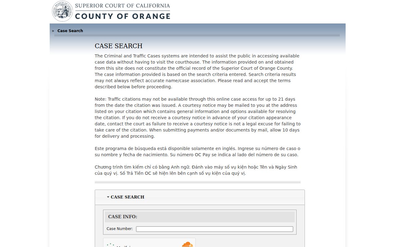 California resident lookup example of Orange County case number, person, business and calendar search