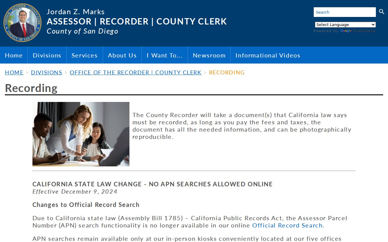 California street directory recorder access through the San Diego official-record index